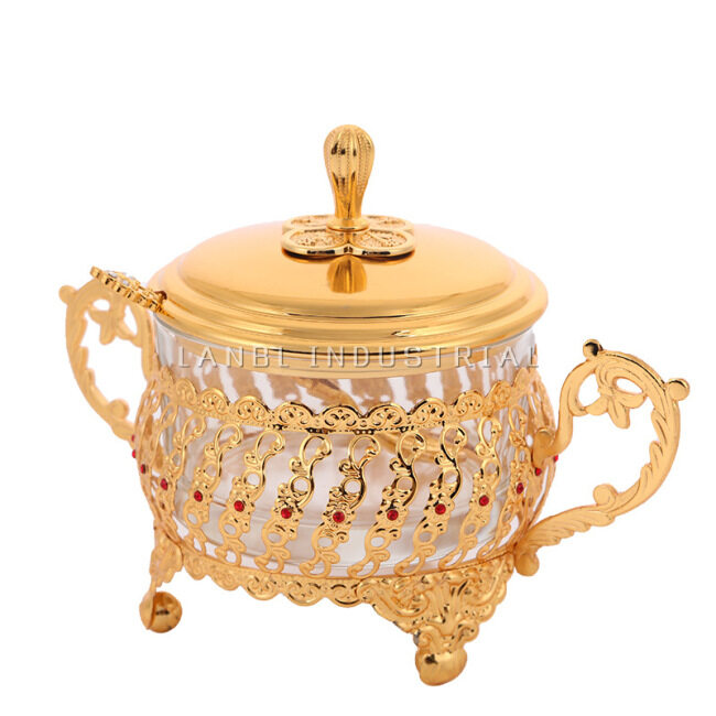 New Design European Royal Style Jarglass Alloy Jar With Lid & Spoon