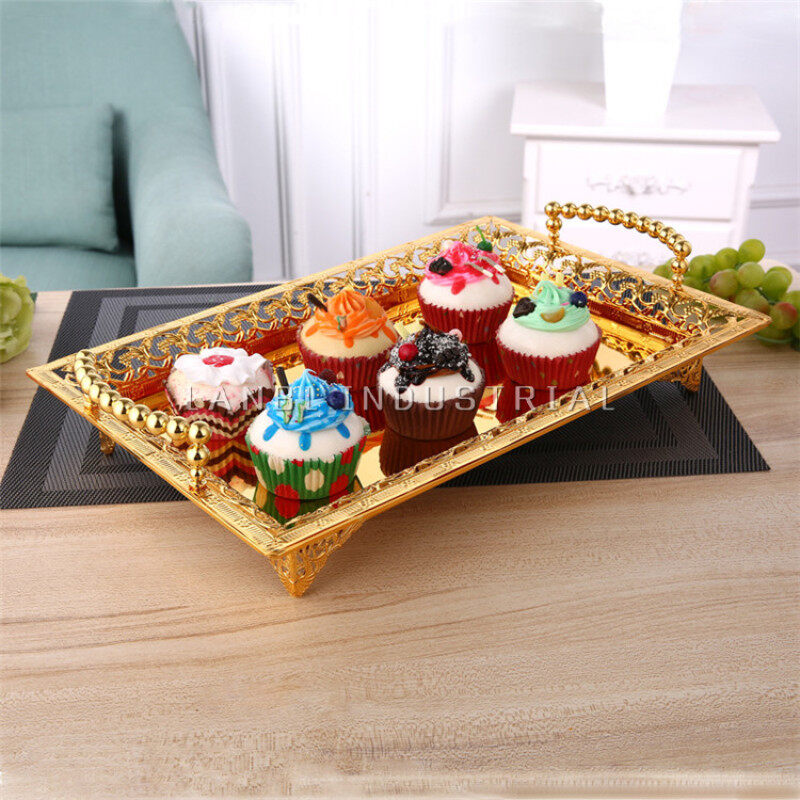 Continental Luxury Zinc Alloy  Flower Emboss Retro Craft Arabic Serving Mirror Gold Tray Towel Fruit Cake Plate