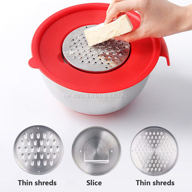 9pcs  Stainless Steel Mixing Bowl With Lid  Egg Mixer Salad Bowls Non-slip Silicone Bottom Food Storage Bowl Set with cutter