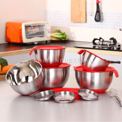 9pcs  Stainless Steel Mixing Bowl With Lid  Egg Mixer Salad Bowls Non-slip Silicone Bottom Food Storage Bowl Set with cutter