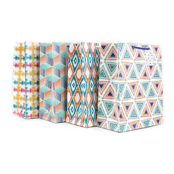 White Cardboard Paper Gift Bag Geometric Designs