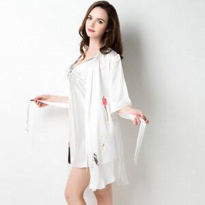 Women's White 100% Silk Kimono Satin Robe Set