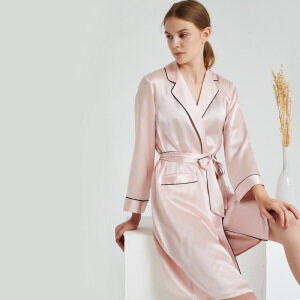 Women Pure Silk Pink Satin Kimono Robe with Piping