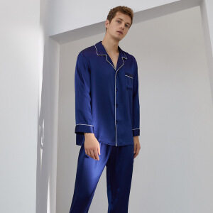Custom 100% Mulberry Silk Long Sleeve And Pant Two-piece Pajamas Set For Men