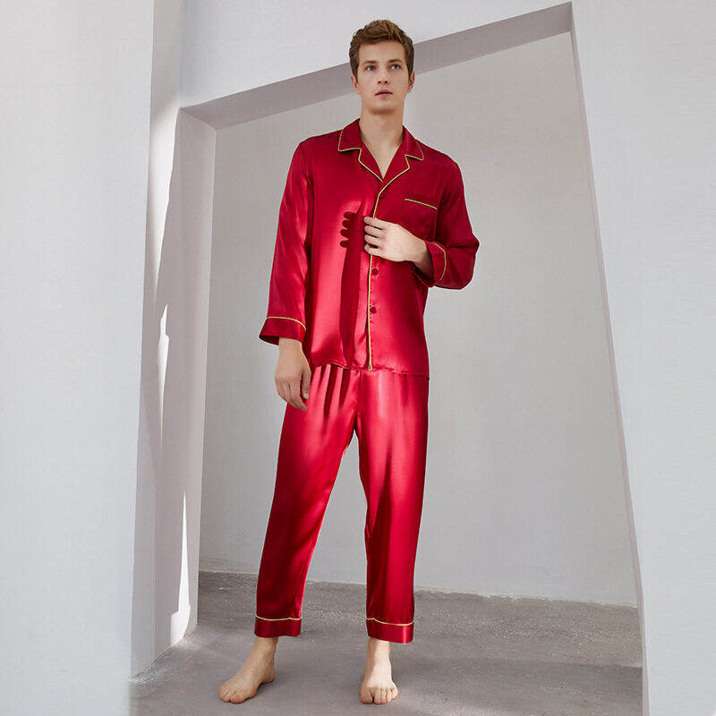 Custom 100% Mulberry Silk Long Sleeve And Pant Two-piece Pajamas Set For Men