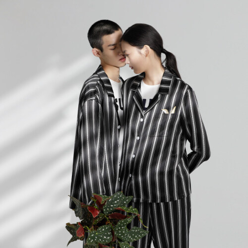 Custom Stripes Print Couple's Silk Pajamas Set