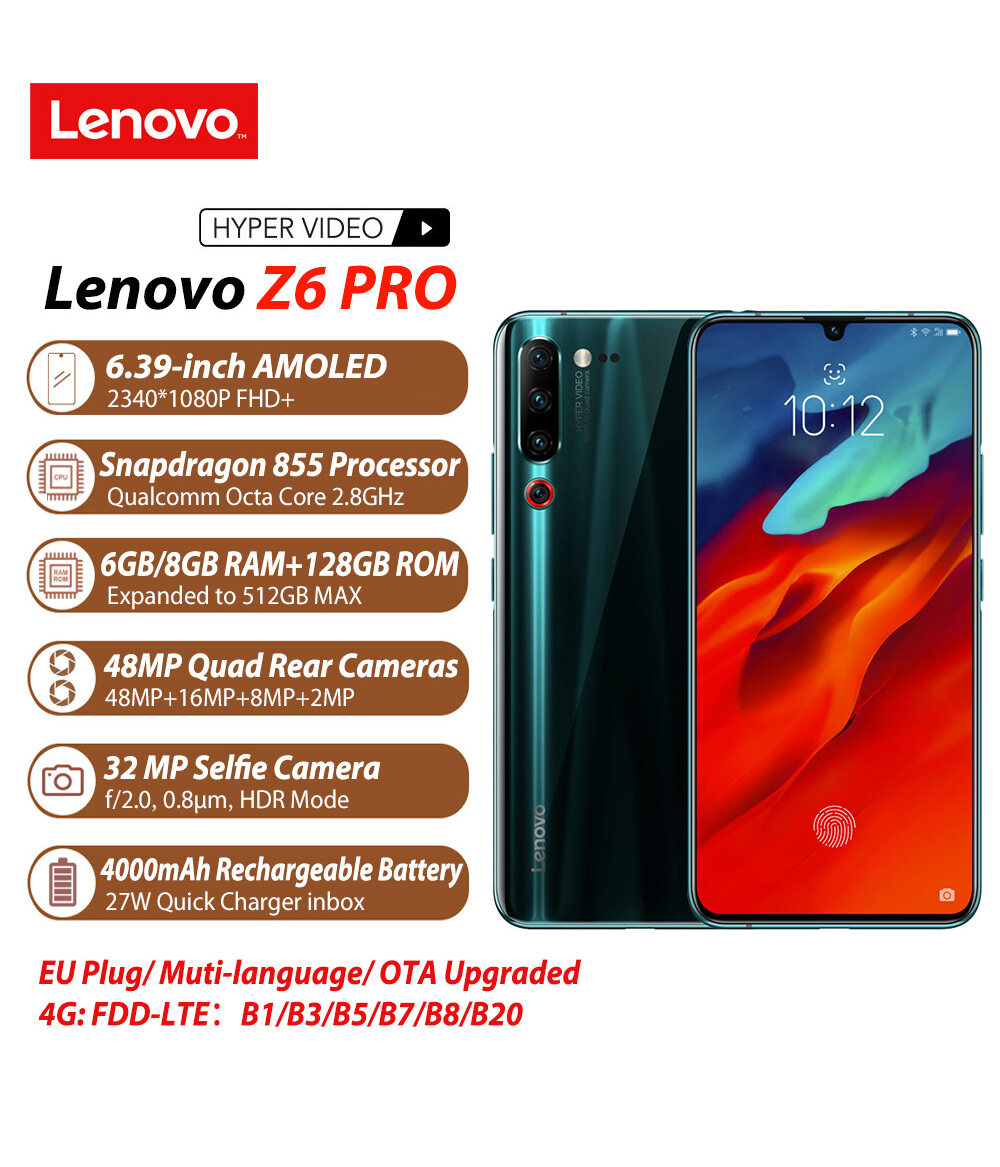 Lenovo Z6 Pro Negro 8GB 128GB Snapdragon 855 Octa Core Teléfono móvil 2340 * 1080 Pantalla OLED 48MP AI 4 Cámara Smartphone