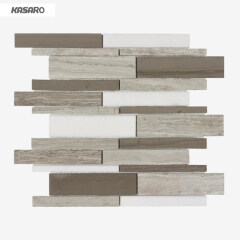 Linear Mix Wooden Grey Marble Mosaic For Wall Decoration Home Decor