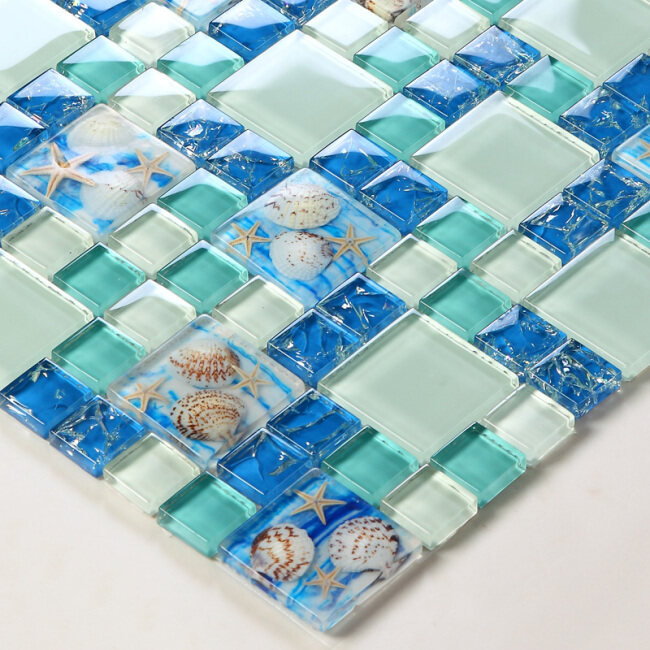Glass Tiles Beach Style Sea Blue Glass Tile Glass Mosaics Wall Art Kitchen Shell Pattern Backsplash Bathroom Design