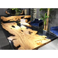 Ready made amazing river dining table with golden stainless steel legs ocean style live edge Ambila wood clear epoxy resin table