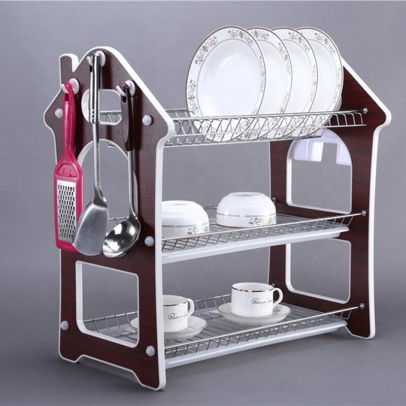 Modern Design 3 Tier Kitchen Plate Drying Stainless Steel Removable Black Dish Rack with cover