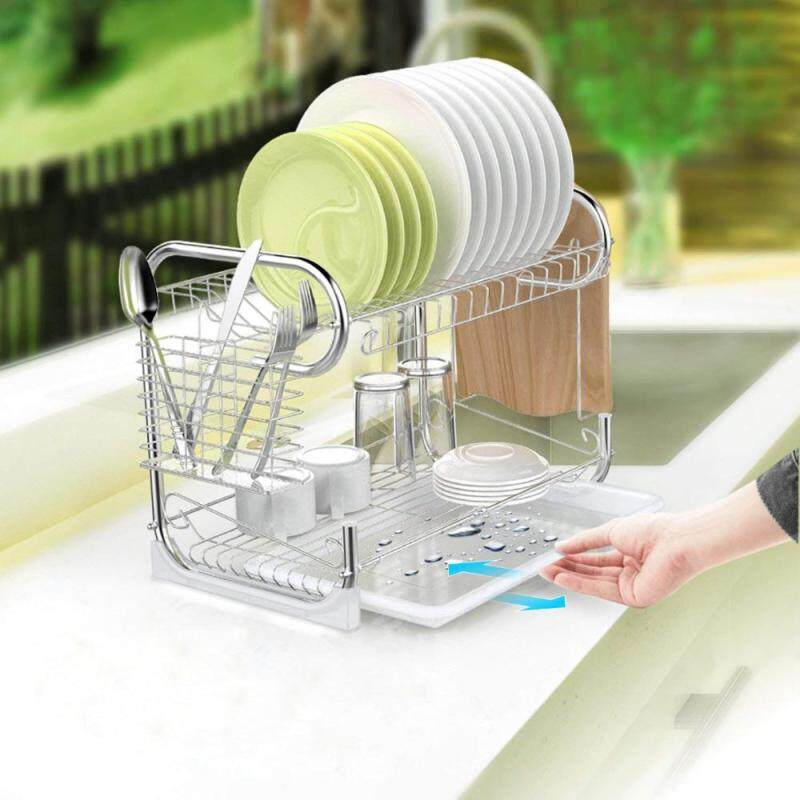 Top sell factory dinnerware kitchen utensil 2 tier metal dish drying rack with cup holder