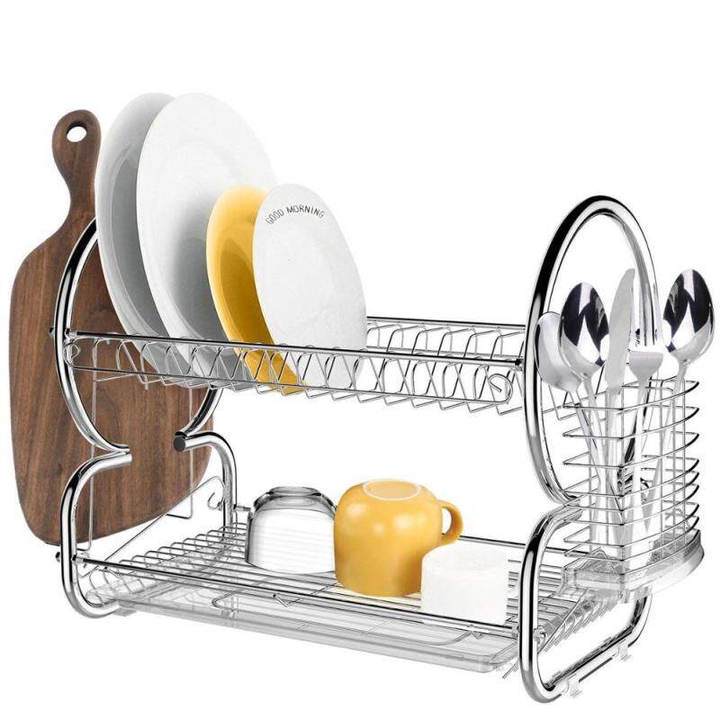 Home Kitchen Iron Kitchen Storage Chrome plated 2 Tier Dish Drainer Drying Rack with  removable Drainer board