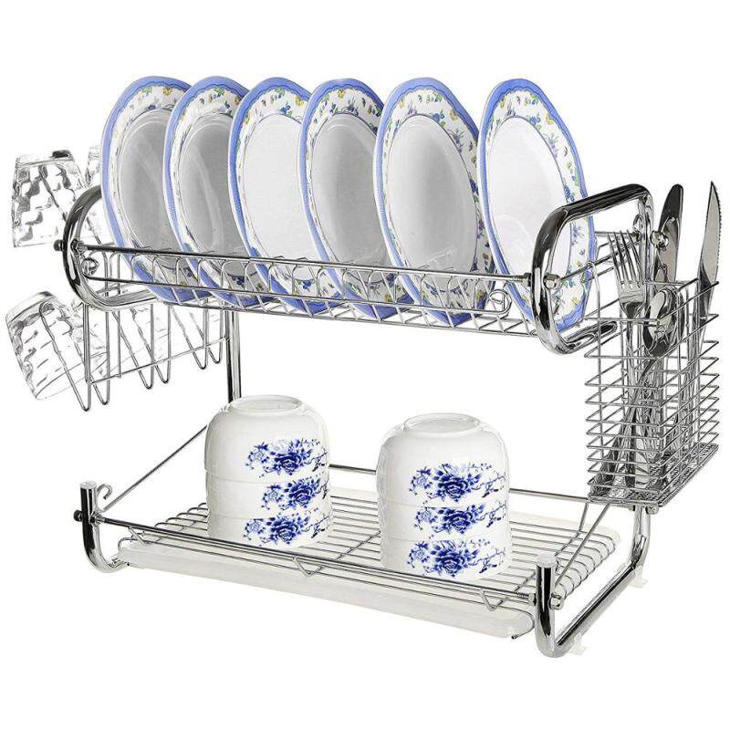 Factory directly sales E shape metal large 2 tier dish plate drainer rack with drainboard