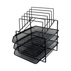 Wideny Office Black Desktop Metal Wire Mesh 3-Pack Stackable Desk File Document Letter Tray  With 5 compartment file organizer