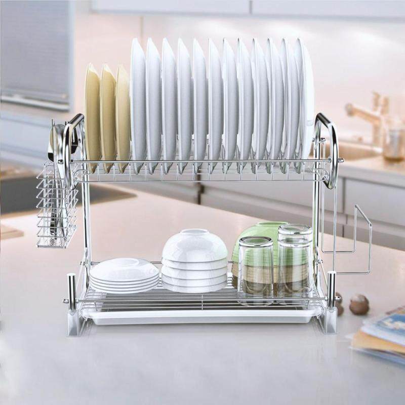 Top sell factory dinnerware kitchen utensil 2 tier metal dish drying rack with cup holder