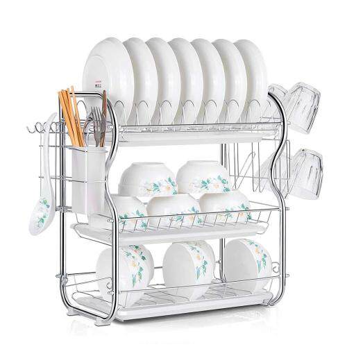 Amazon Hot Sale Eco-Friendly Stainless Steel Folding 3 Tier Dish Rack for Kitchen Counter Top