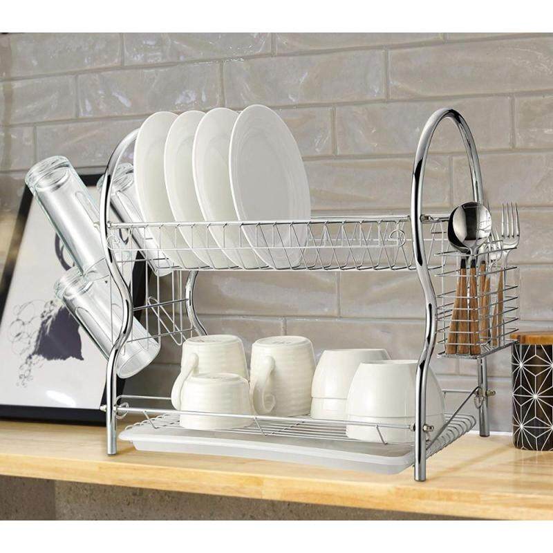 Stainless Steel Chrome Plated Bowl Drying 2 Tier Metal Dish Rack with Drainboard Cutlery Cup Organizer