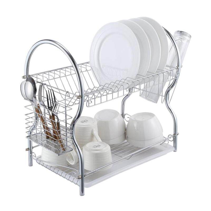 Stainless Steel Chrome Plated Bowl Drying 2 Tier Metal Dish Rack with Drainboard Cutlery Cup Organizer