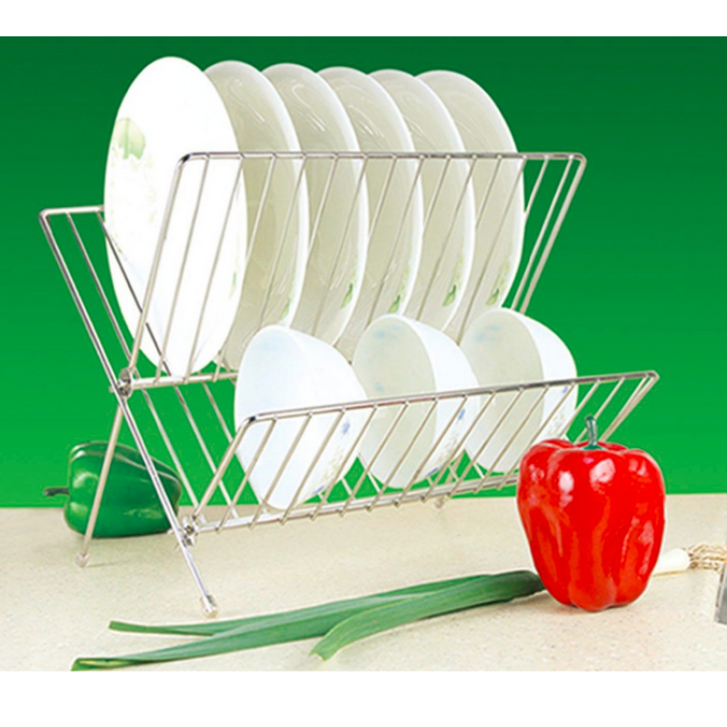 plated Steel Foldable X Shape 2 layer Shelf Small Dish Drainers with Drainboard