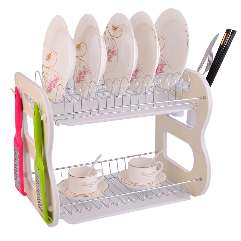2 Tier Wire Metal Wooden Pull out Kitchen Storage with Drainboard and Cutlery Cup Chrome Dish Drainer Rack with Tray