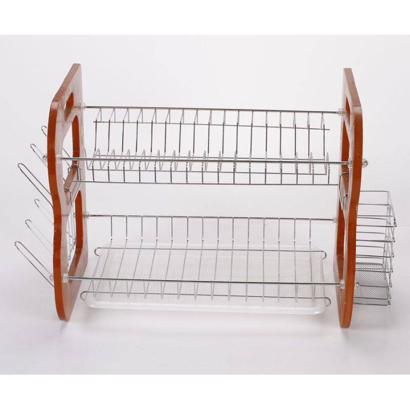 High Quality wholesale Eco-friendly wooden foldable metal wire 2 tier dish drying rack for kitchen