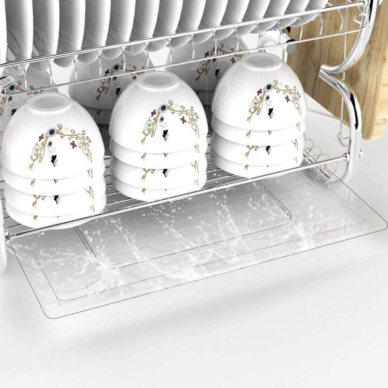 2 tier kitchen flatware round metal cup bowl dish drying drainer rack with drainboard