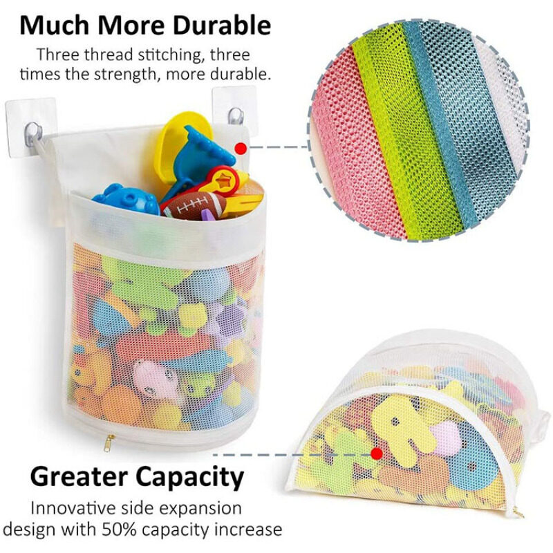 Clever Zippered Mesh Bath Toy Organizer Storage Bag Multiple Ways to Hang Extra Large Opening Bathroom Toy Holder