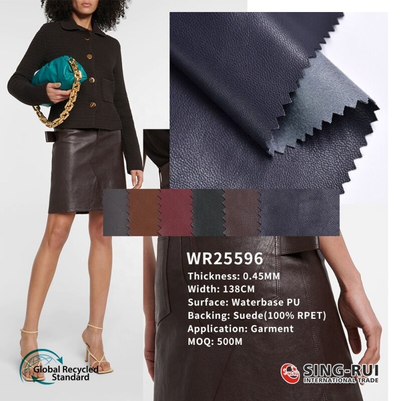Recycled 100% RPET waterbase pu recycled leather fabric for garments made from plastic bottles