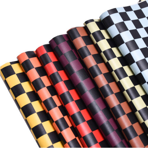 2022 high quality  affordable price Custom checkered mosaic pattern printed faux pu synthetic leather shoe/bag fabric material