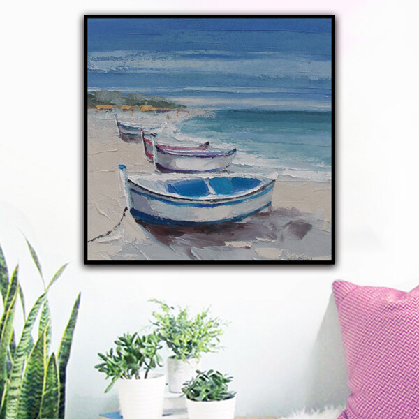 handmade oil painting Boats on the beach Thick texture home decor  Wall Decoration