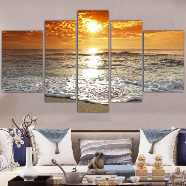 Wholesale 5 panels wall art custom picture sea sun landscape canvas hanging paintings living room decoration