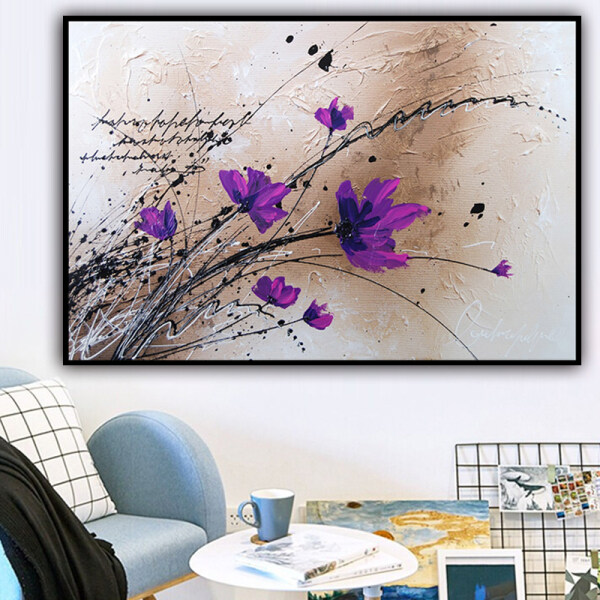 100% Handmade  Texture Oil Painting  Purple flowers Abstract Art Wall Pictures for Living Room Home Office Decoration