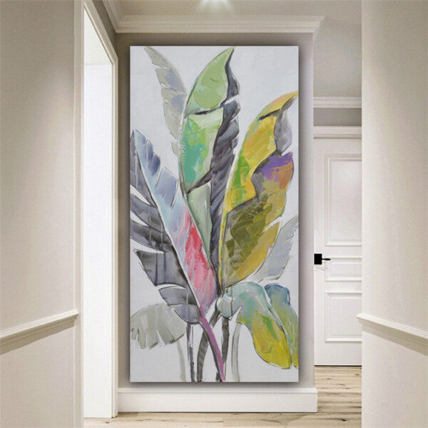 Handmade Abstract Design Wall Art Canvas Oil Painting On Canvas, Stretched Color banana leaves Oil Painting