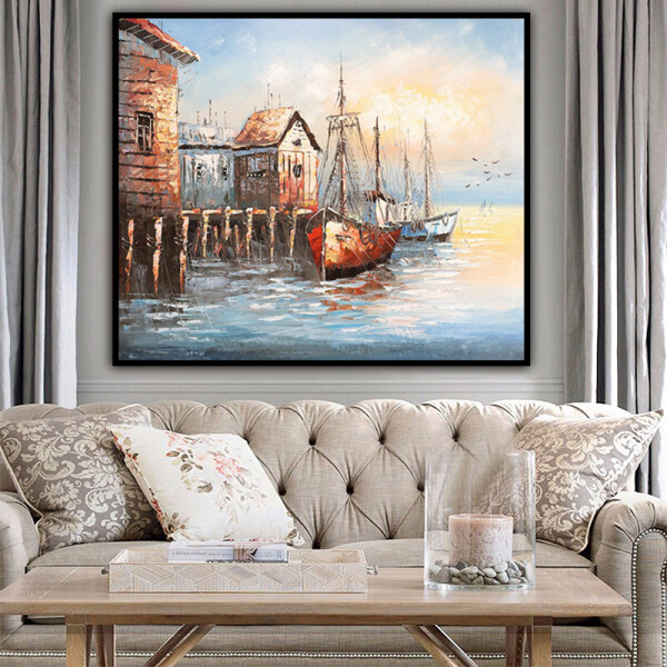 100% Handmade  Texture Oil Painting House by the sea with boat  Abstract Art Wall Pictures