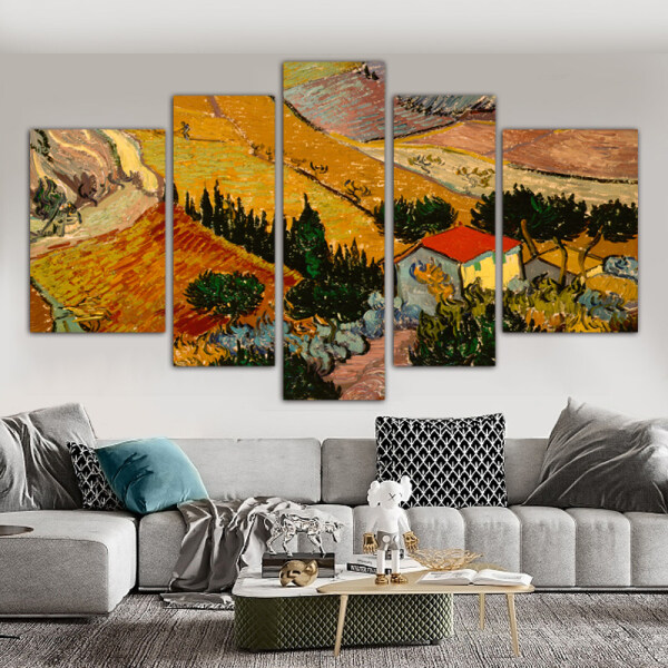 Factory Wholesale Framless Art Print Living room decoration five panel oil painting village field landscape canvas painting
