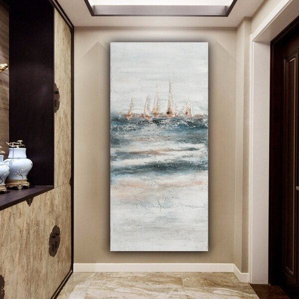 Heavy texture abstract sailing boat sea view oil painting, home hotel decoration canvas handmade oil painting