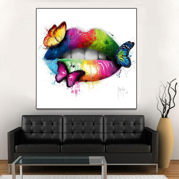 HD Printed red green Lips With Butterfly Painting Canvas Print room decor print picture canvas