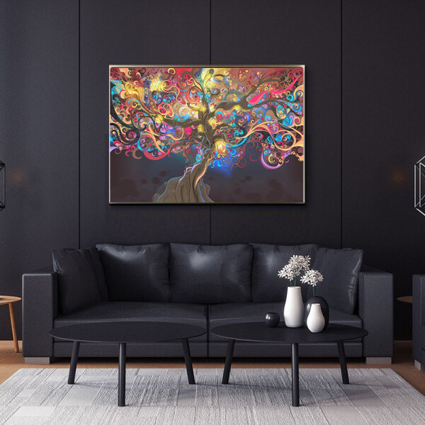 Abstract colorful tree on black background living room bedroom print decoration canvas painting