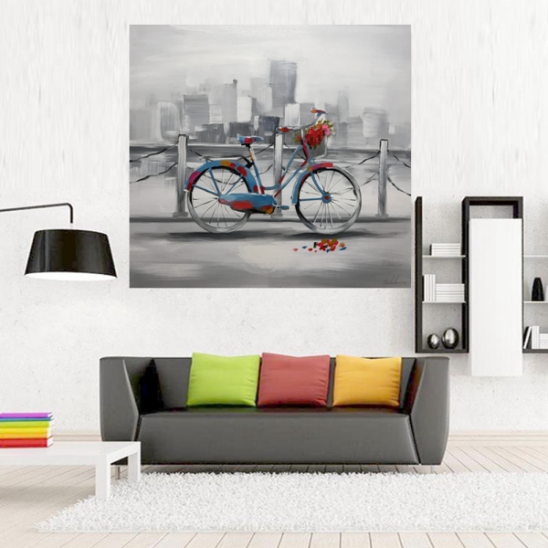 City River Landscape Bicycle Handmade Modern Decoration Canvas Painting Art Decor Handmade Oil Painting