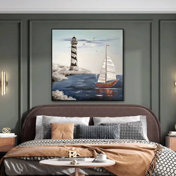 Hot selling artworks handmade oil painting for hotel, Top fashion lighthouse and boat hand painted oil painting wall arts