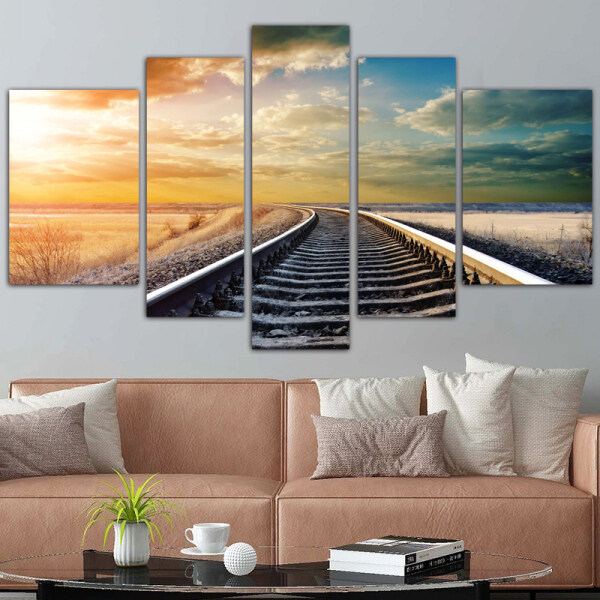Best Short Lint Canvas Wholesale 5 Panel Setting Sun Scenery Railroad Track Digital Printing Canvas Painting