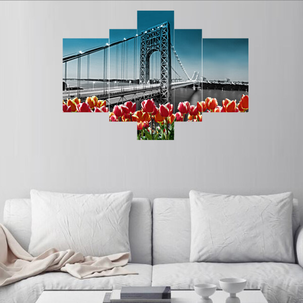5 pieces of Oil Paintings for the Beautiful Scenery of City River Crossing Bridge Home Decoration