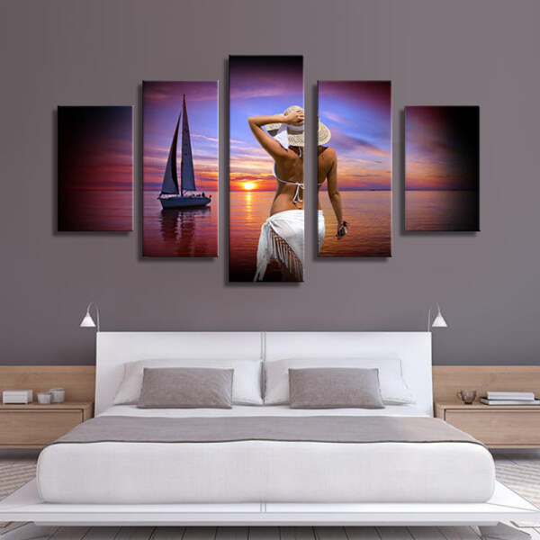 unframed 5 panel printed oil painting of beautiful girl art wall decoration for home