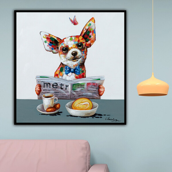 Hot selling 100% handmade modern colorful animal abstract POP art dog read newspapers oil painting on canvas for home decor