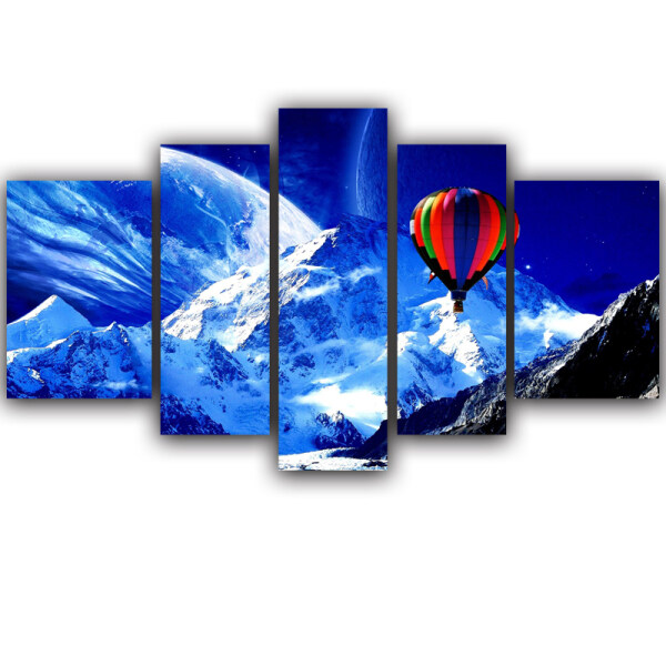 Factory Wholesale 5 Panel Snow Mountain Scenic Hot Air Balloon Wall Art Canvas Room Wall Decor Painting