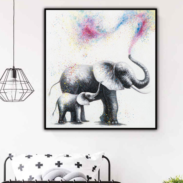 Handmade Wall Decoration Elephants spray rainbows on baby elephants Abstract Canvas Art Oil Painting decor wall decor