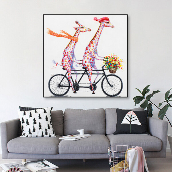 Cartoon design painted giraffe ride bike diy oil painting by numbers, lovely animal art painting by numbers without frame