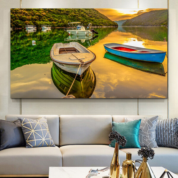 Digital printing canvas painting beautiful lake scenic with boat, scenery art picture 3d printing painting