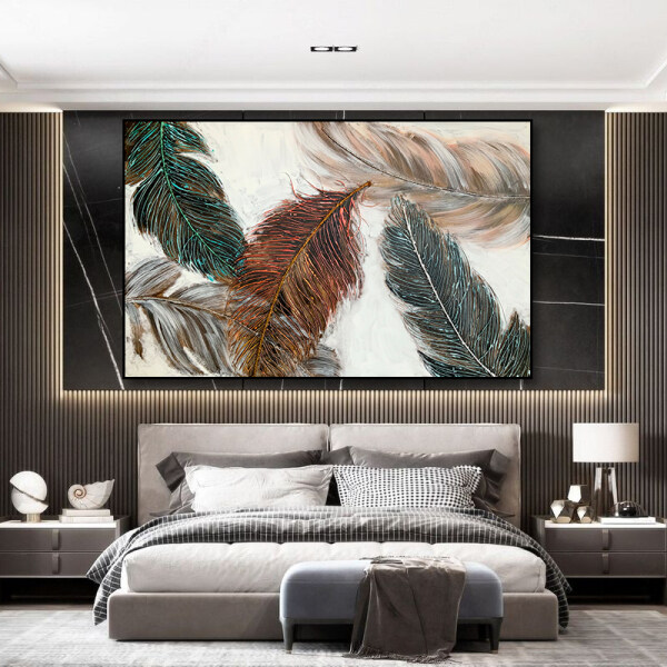 Custom pictures photo heavy texture abstract feather oil painting wall art, trendy style painting on canvas for living room